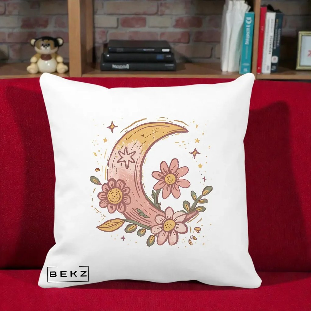 Perna Decorativa Luna Florala Boho, 40x40 cm, Alba Mata, Husa Detasabila, Perna Inclusa, BEKZ®