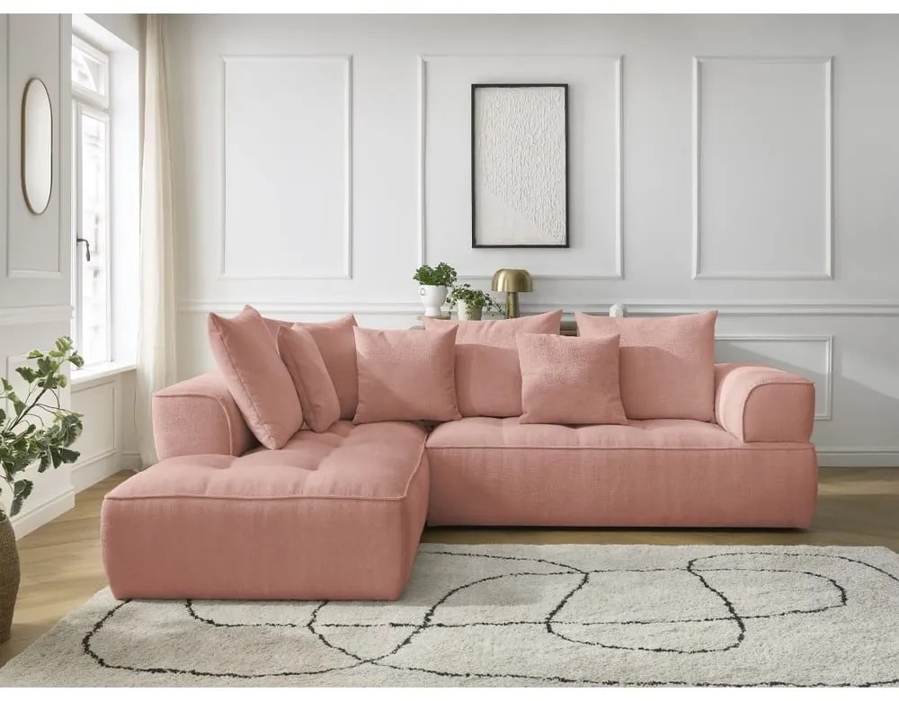 Colțar roz cu tapițerie din chenille (cu colț pe partea stângă/în formă de ”L”) Whesley – Bobochic Paris