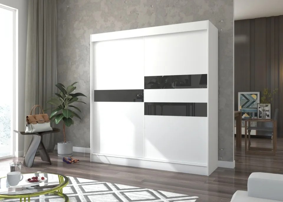 Dulap cu usi glisante 200x215 cm, Batia, ADRK Furniture (Culoare: Negru / Alb / Negru Lacobel)