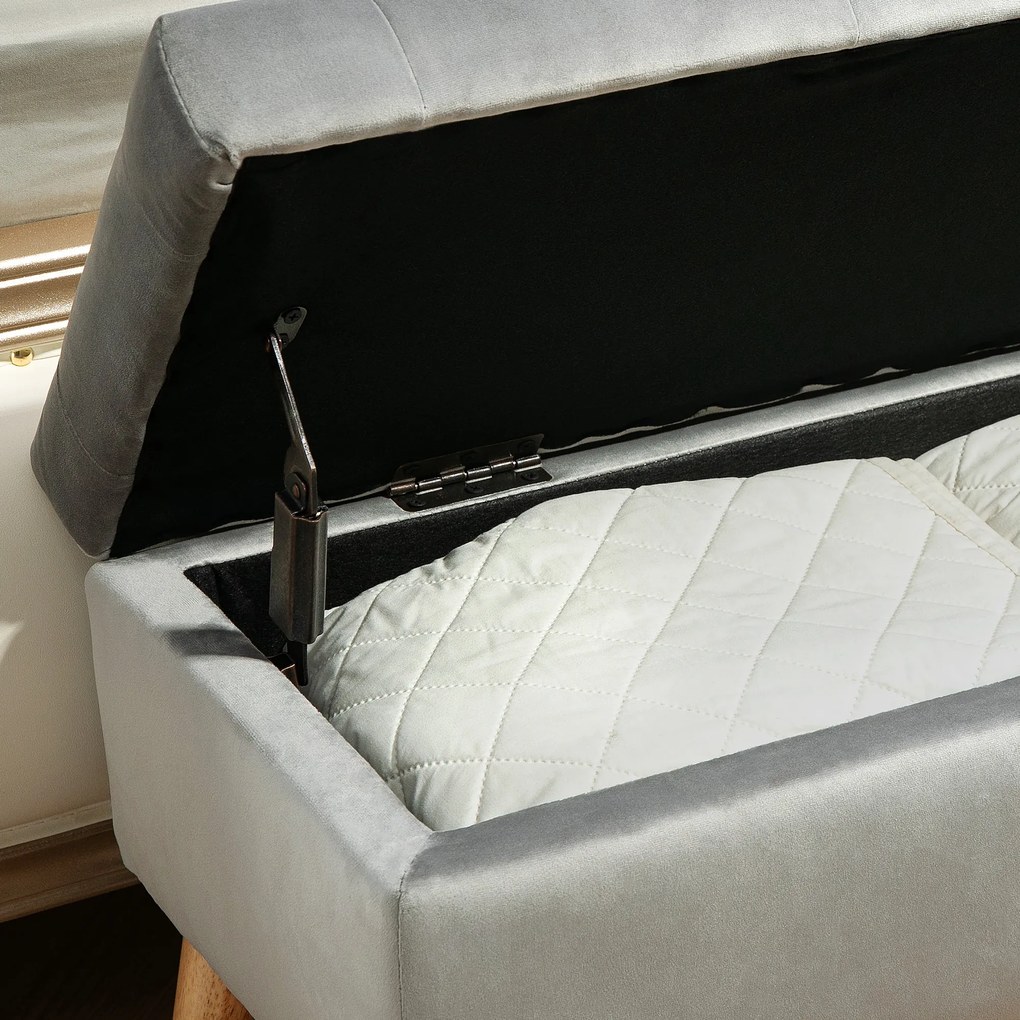 HOMCOM Bancă de depozitare cu material catifelat, picioare din lemn, pentru cameră de zi, dormitor, hol, 80 x 35 x 40 cm, Gri | Aosom Romania