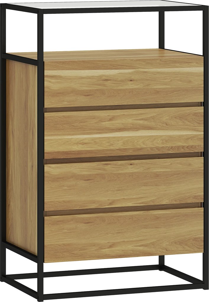 HOMCOM Comodă cu 4 Sertare, Raft Deschis, Oțel, Sticlă Securizată | Aosom Romania