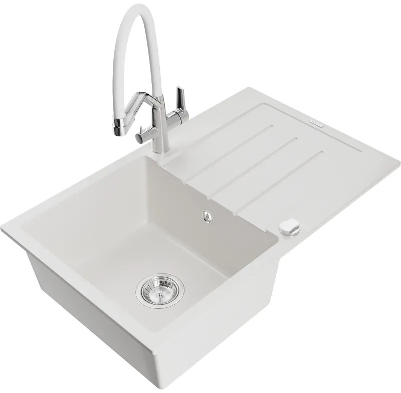 Mexen Bruno chiuvetă de granit cu 1 compartiment cu scurgător și baterie de bucătărie Duo, alb - 6513-20-671701-02