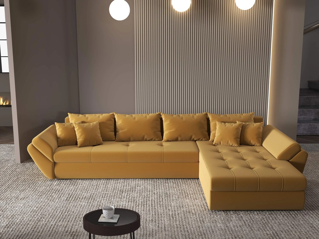 Colțar extensibil dumonde cu ladă de depozitare si sezut confortabil din spuma high-density, Loana XL Royal Mustar II 335x185 cm