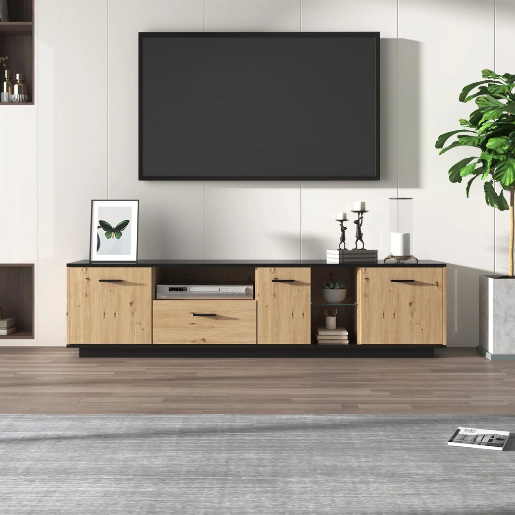 Comodă TV cu O Sertar, Trei Uși și Două Rafturi din Sticlă, Iluminare LED cu 15 Culori Variabile, 180x40x45 cm, Negru+ Natural