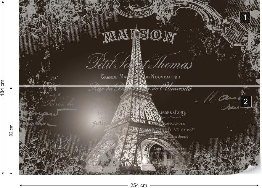GLIX Fototapet - Paris Eiffel Tower Vintage Script Black And White Vliesová tapeta  - 254x184 cm
