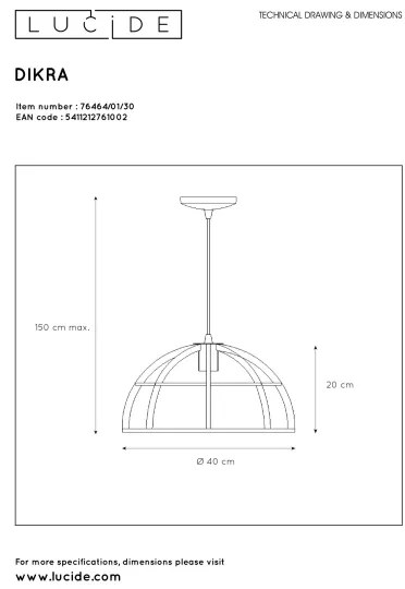 Lustră pe cablu DIKRA 1xE27/60W/230V Lucide 76464/01/30