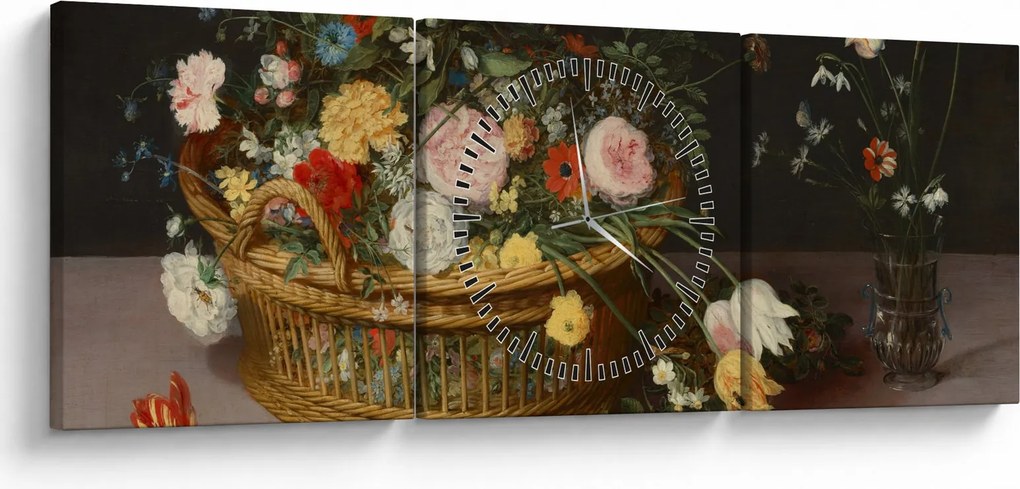 Tablou - Jan Brueghel the Elder, Flowers in a Basket and a Vase, reproducere (cu ceas) (90x30 cm)