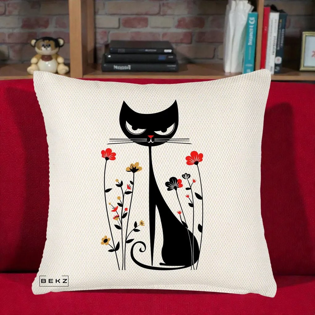 Perna Decorativa Pisica Neagra Grafica Flori Rosii, 40x40 cm, Crem Reliefat, Husa Detasabila, Perna Inclusa, BEKZ®