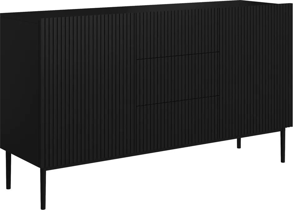 Comodă Nicole 150 cm cu sertare și fațadă canelată - negru mat / picioare negre