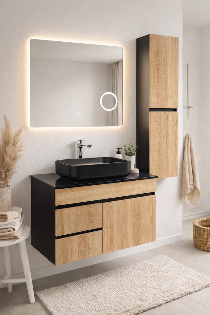 Mobilier Forest 80 cm oglinda cu LED, dezaburire si lupa, lavoar ceramic, blat compozit, soldat inclus, MDF total (WB-BC077)