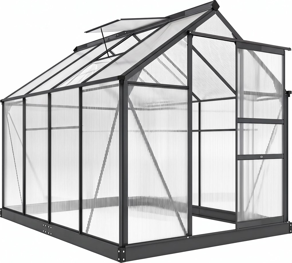 Outsunny Seră de Grădină, Seră din Policarbonat și Aluminiu cu Ușă Culisantă, Ventilație pe Acoperiș și Jgheab, 190x192x201 cm, Gri | Aosom Romania