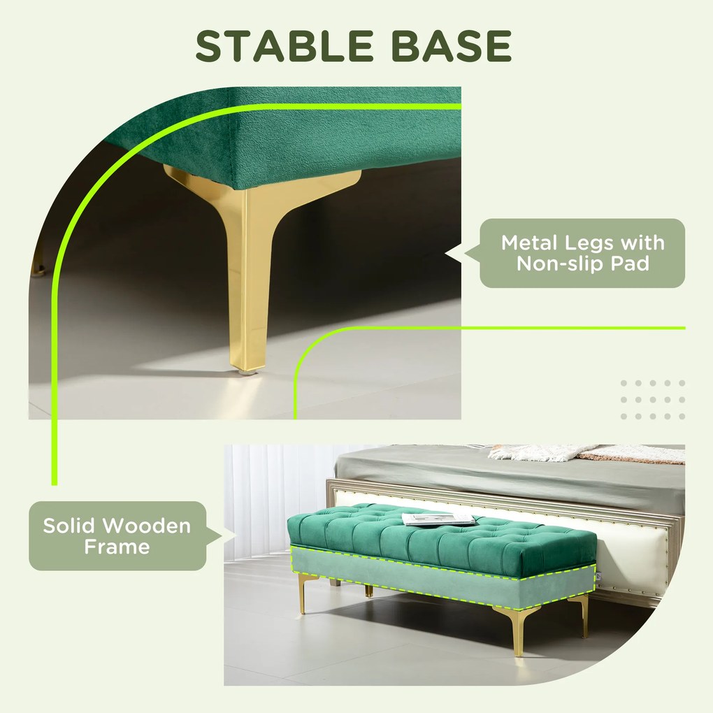 HOMCOM Bancă cu Husă Capitonată din Catifea cu Picioare Metalice pentru Hol, Coridor și Living, 118x45x42 cm, Verde | Aosom Romania