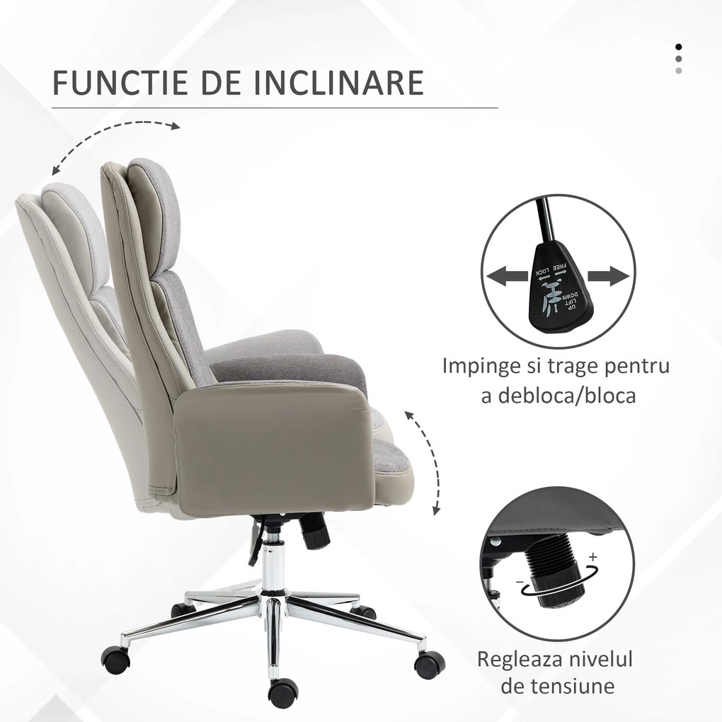 Vinsetto Scaun de Birou Elegant din 2 Țesături, Ergonomic, Reglabil pe Înălțime, cu Roți Pivotante, 65x72x108-118cm, Gri | Aosom Romania