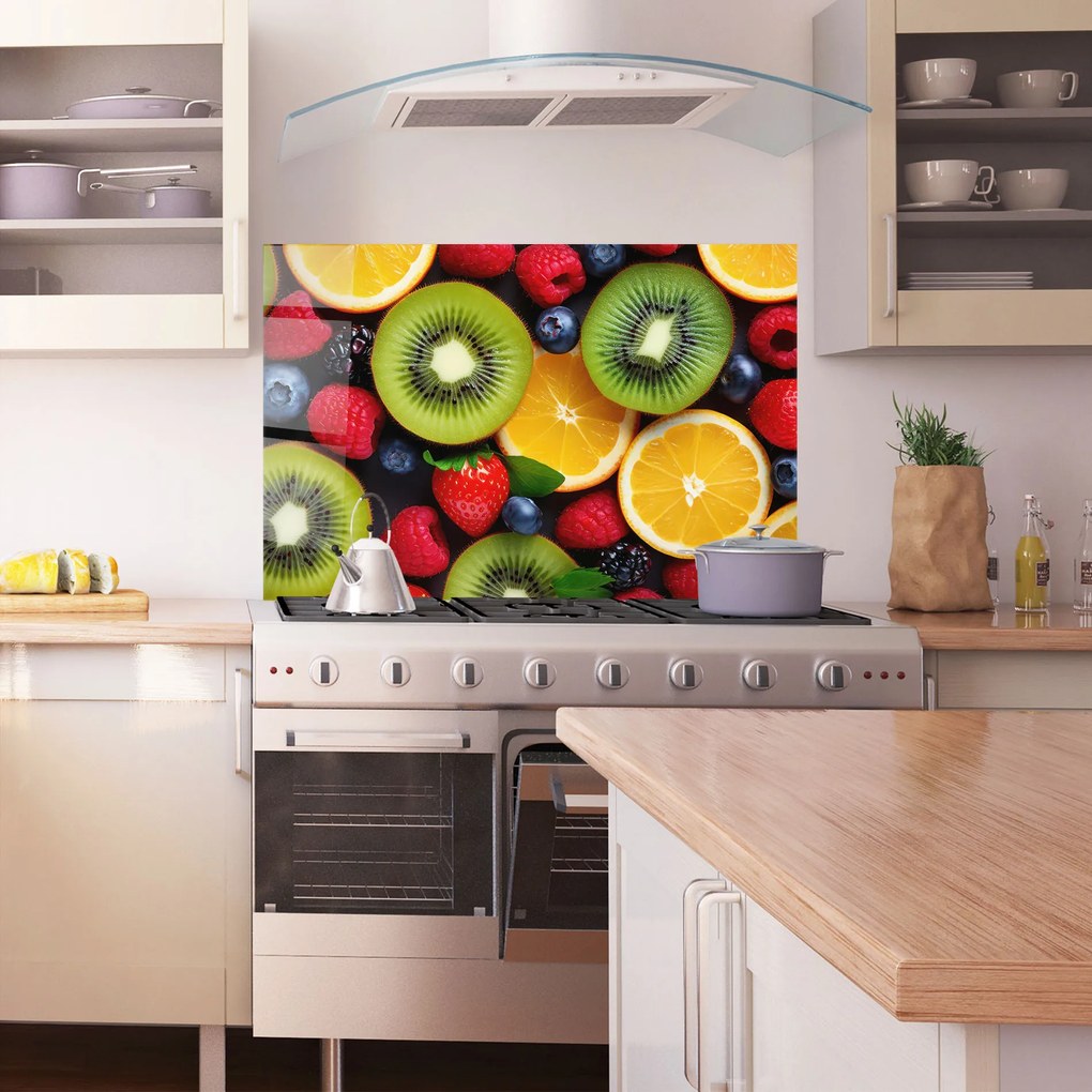 Panou Sticla Bucatarie, 80x120cm, Protectie aragaz, Antistropi, Termorezistent, Alimente, Fructe, Kiwi Fruit Mix