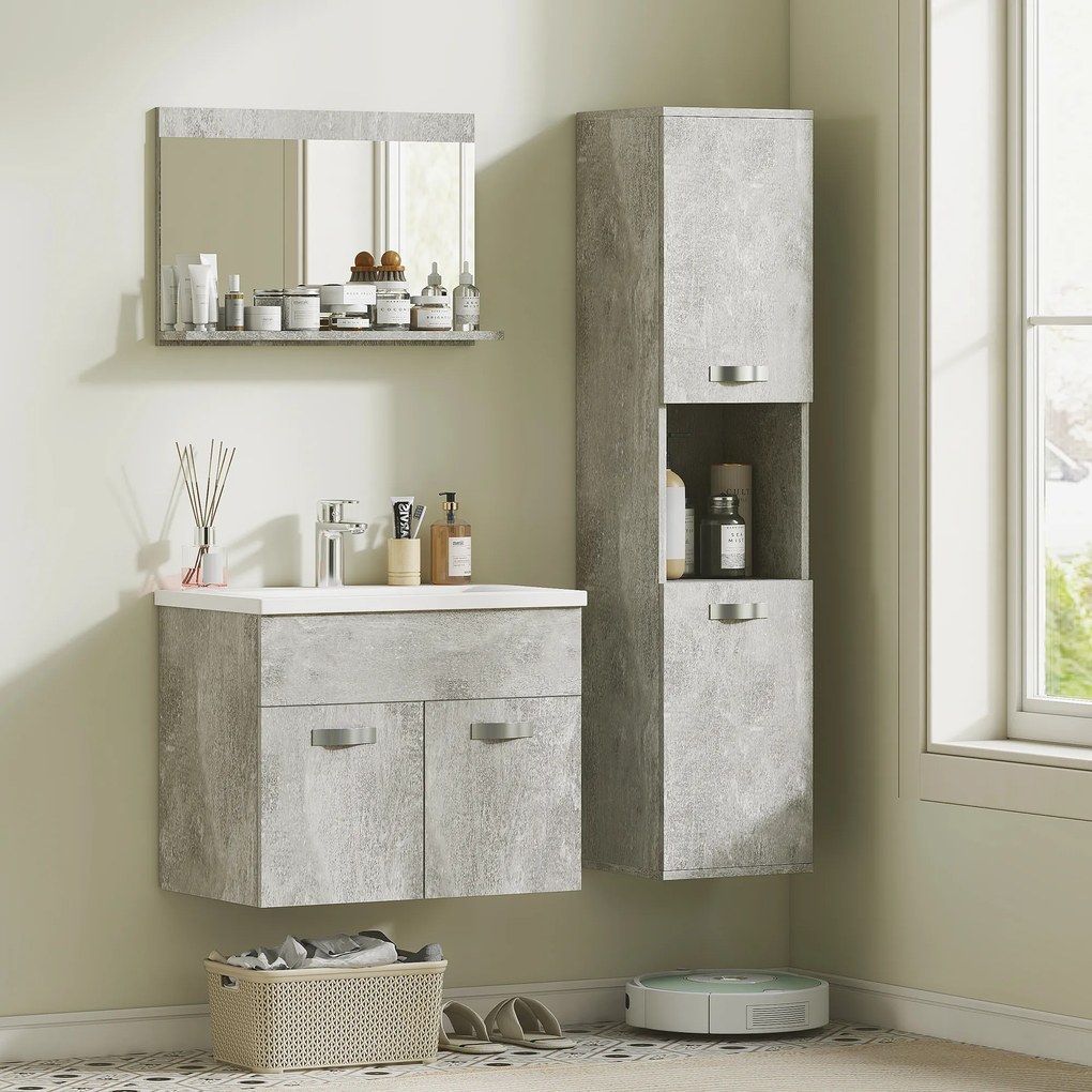Set de Mobilier de Baie din 3 Piese, Montare pe Perete, cu Dulap cu Oglinda, Dulap de Depozitare Inalt, Gri Kleankin | Aosom Romania