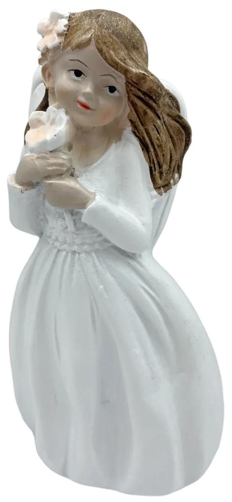 Figurina Inger cu floare in maini, Elsa, Alb, 10cm