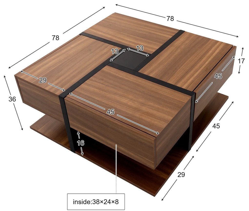 Masă de cafea cu 4 sertare, design unic de culori și linii, spațiu de depozitare inferior, 78×78×36 cm, Natural