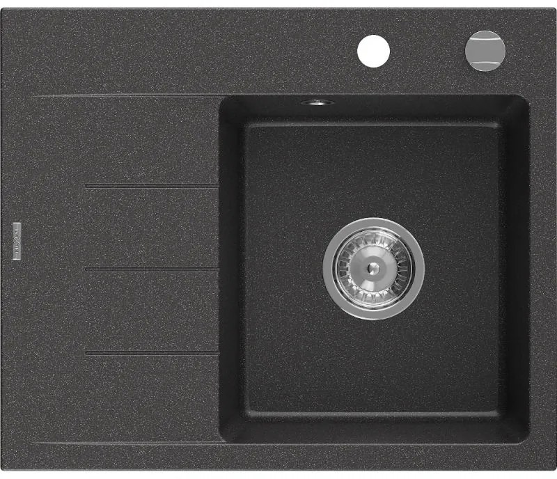 Mexen Ben chiuvetă de granit cu 1 compartiment și scurgător, dreaptă 600 x 500 mm, negru cu stropi, sifon cromat