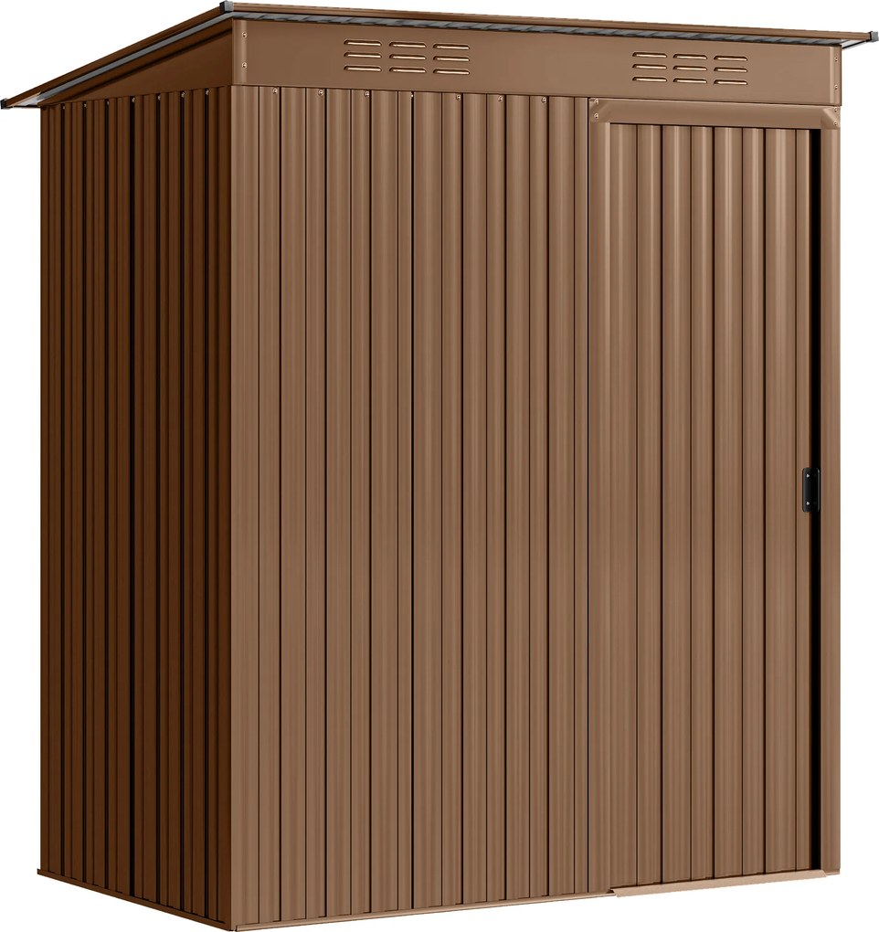Outsunny Căsuță de Grădină 1.37m² din Metal, Montaj Ușor, Căsuță pentru Unelte de Grădină cu Orificii de Aerisire, Ușă Glisantă, Acoperiș Înclinat și Mănuși, 159x106x181 cm, Maro | Aosom Romania