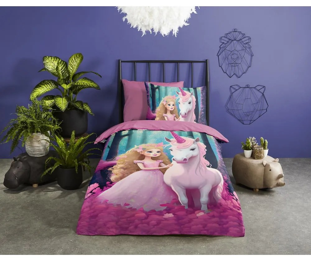 Lenjerie de pat pentru copii roz din microfibră pentru pat de o persoană, extinsă 140x220 cm Julia – Good Morning