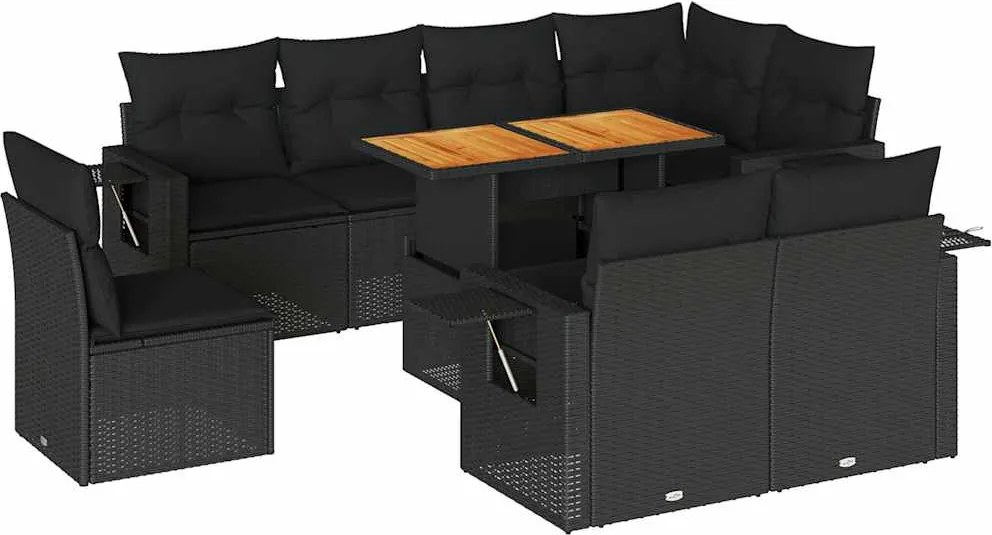 vidaXL Set mobilier de grădină cu perne, 9 piese, negru, poliratan