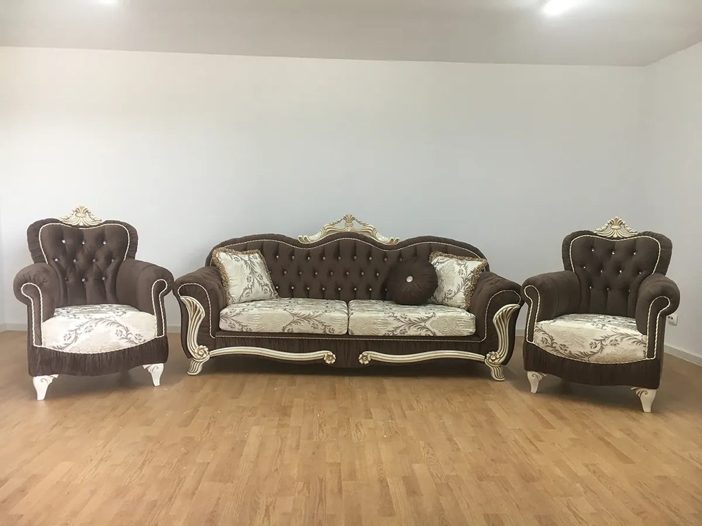 Set canapea fixă cu 2 fotolii maro - model USKUDAR