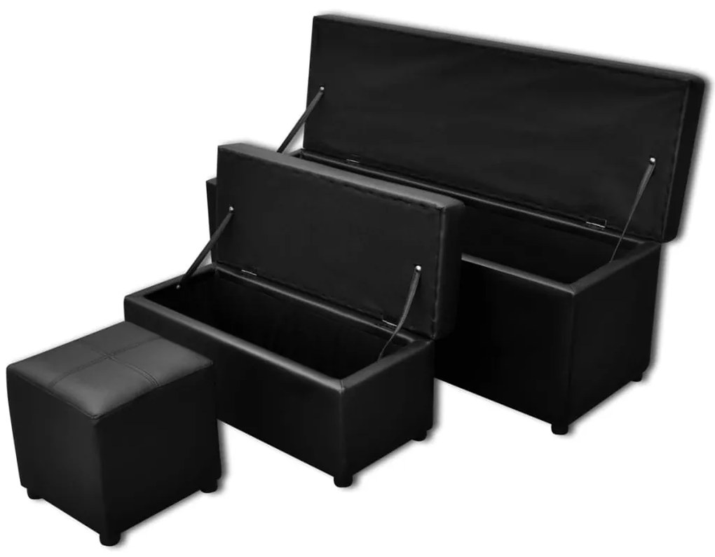 241106 vidaXL Set banchetă depozitare, piele eco, taburet pt. picioare, negru, 3 buc