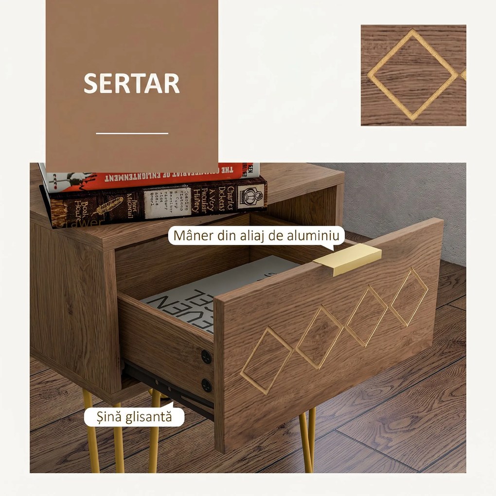 HOMCOM Noptiere Moderne Set 2 Bucati din PAL si Otel cu Sertar, 39.5x41x49 cm, Maro | Aosom Romania