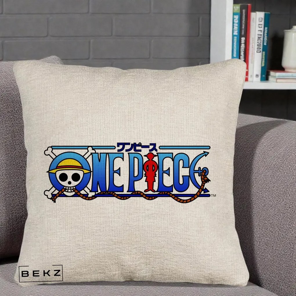 Perna Personalizata One Piece Clasic Albastru, 40x40 cm, Bej Canapea, Husa Detasabila, Perna Inclusa, BEKZ®