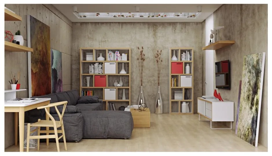 Bibliotecă TemaHome Berlin 570, decor lemn, detalii albe