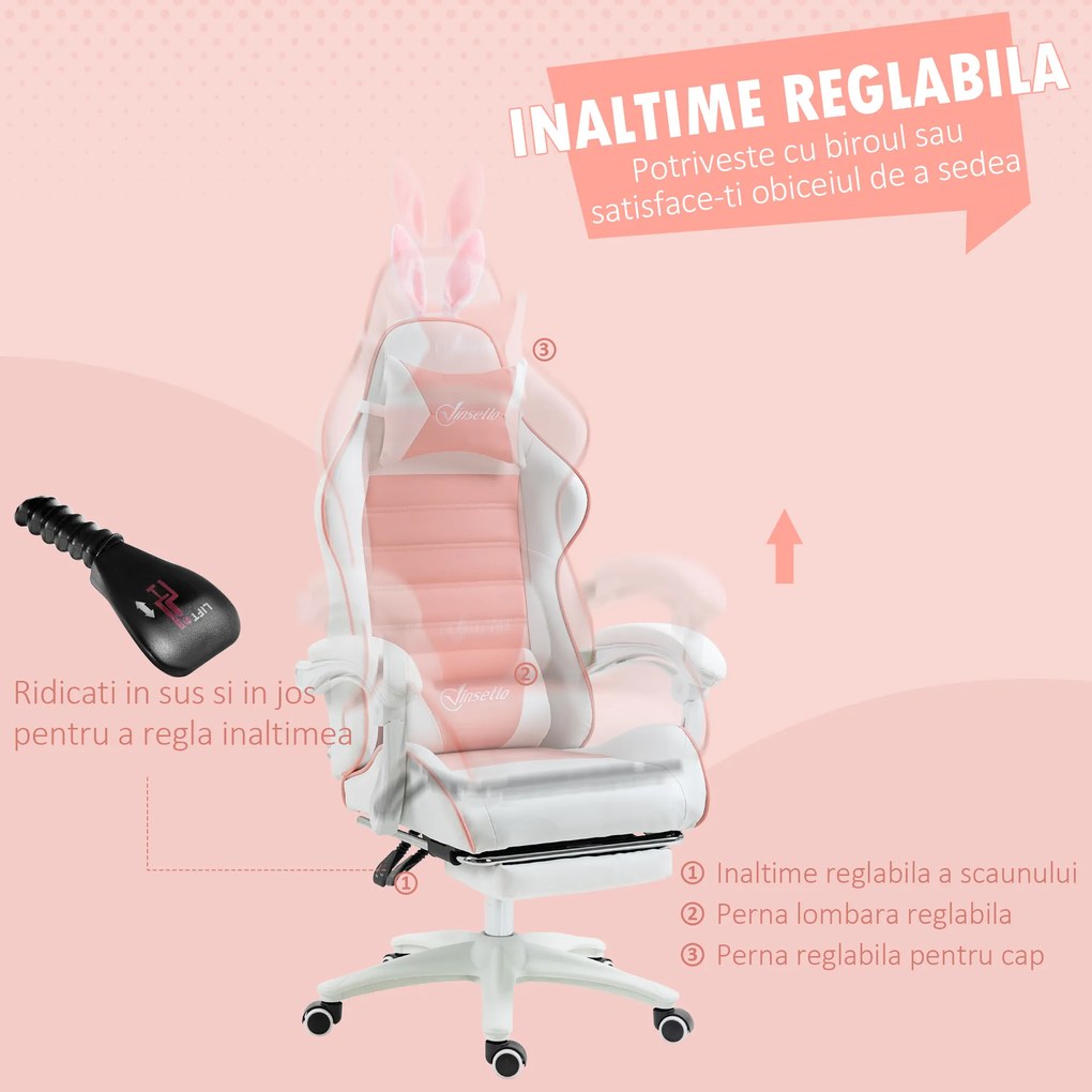 Vinsetto Scaun de Gaming Ergonomic cu Urechi de Iepure și Suport pentru Picioare Extensibil, 65x63x136-142 cm, Roz | Aosom Romania
