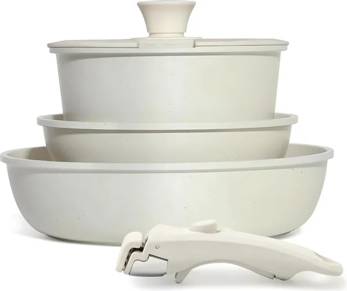 Set oale și tigăi cu mâner detașabil Goldmann GM-1005, 5 piese, Inducție, Finisaj marmură, Bej