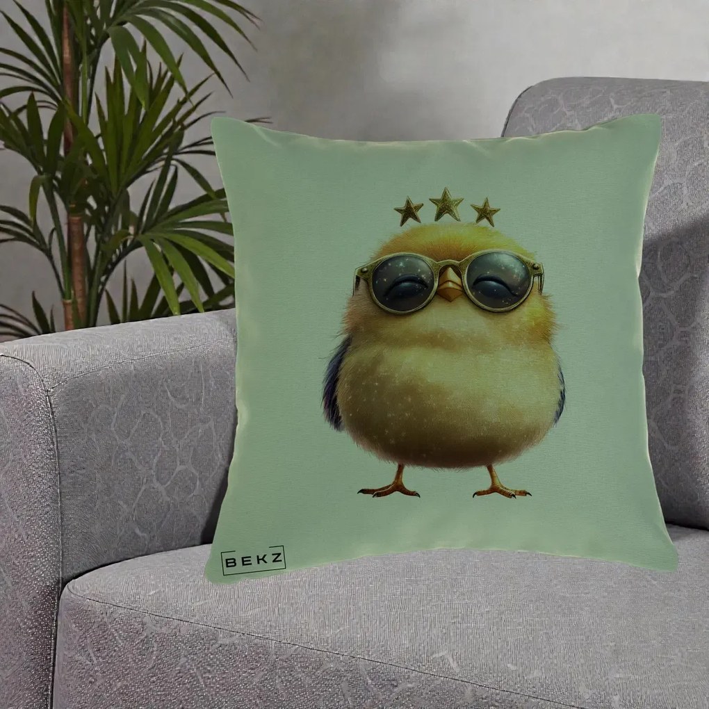 Perna Decorativa Pui Gold Star cu Ochelari Aurii, 40x40 cm, Verde, Husa Detasabila, Perna Inclusa, BEKZ®