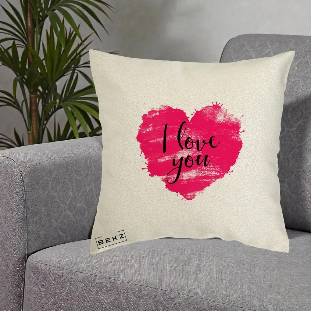 Cadou Romantic - Perna Personalizata I Love You Inima Roz, 40x40 cm, Ecru, Husa Detasabila, Perna Inclusa, BEKZ®