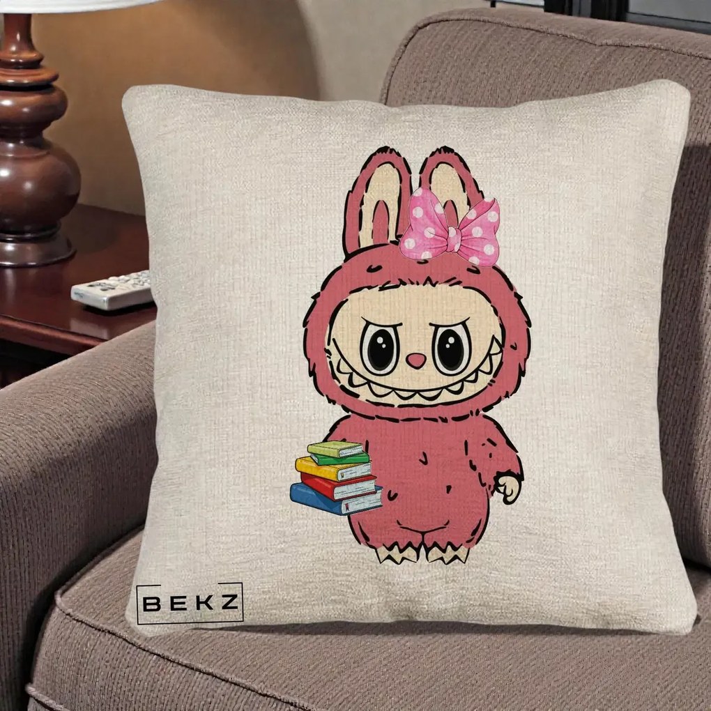 Perna Personalizata Labubu Roz cu Funda si Carti, 40x40 cm, Bej Canapea, Husa Detasabila, Perna Inclusa, BEKZ®