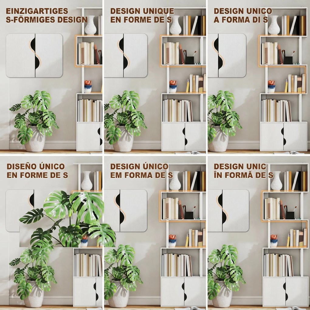 HOMCOM Bibliotecă Modernă cu 5 Rafturi și Dulăpior cu 2 Uși din Lemn Alb | Aosom Romania