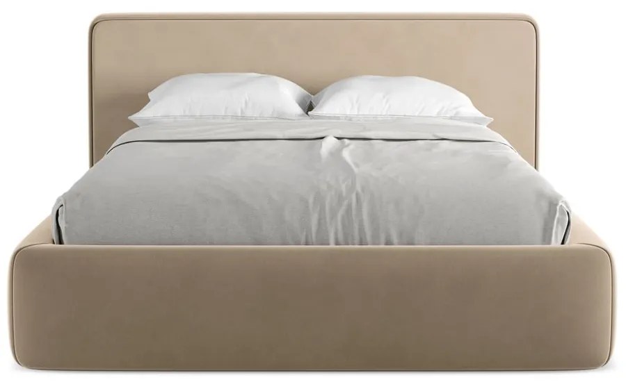 Pat matrimonial maro deschis tapițat cu spațiu de depozitare cu somieră 180x200 cm Kiana – Makamii