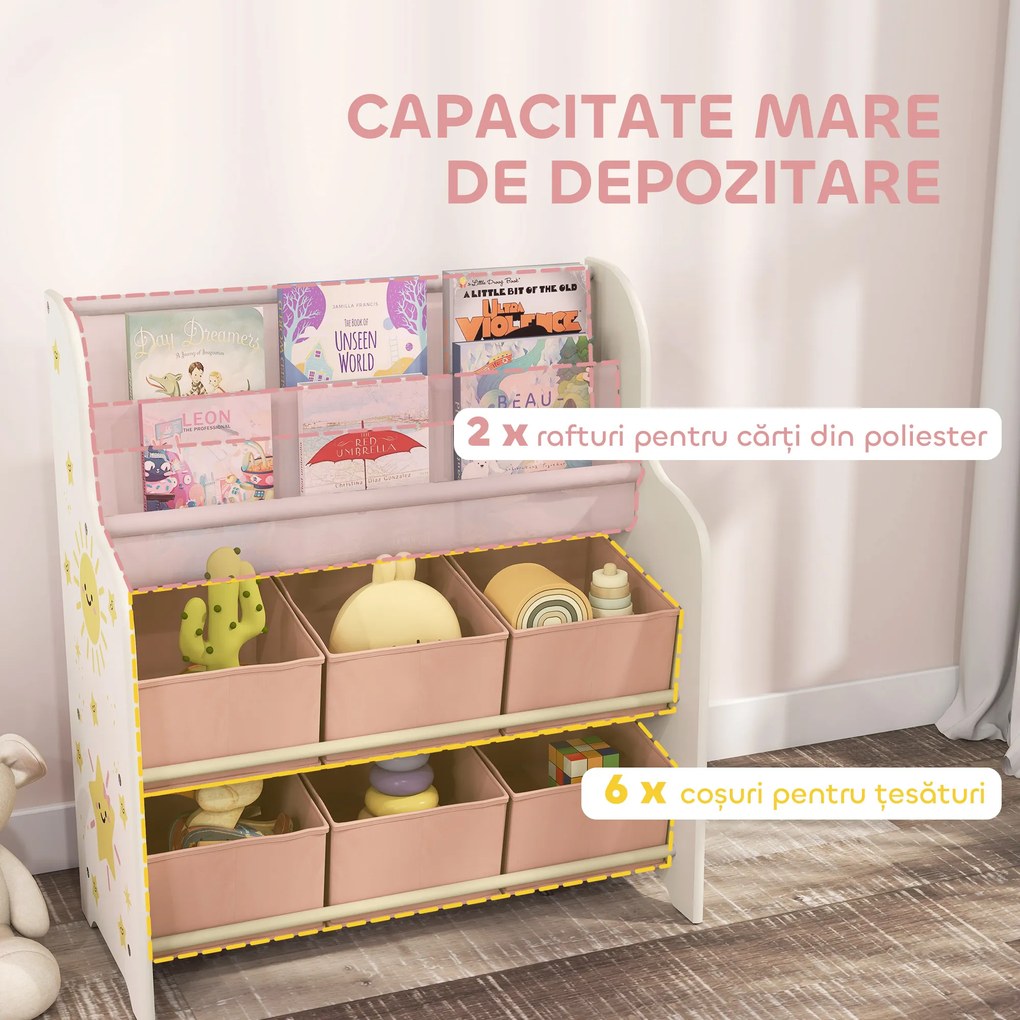 AIYAPLAY Raft pentru Jucării cu 6 Sertare și Bibliotecă cu 2 Nivele Roz | Aosom Romania