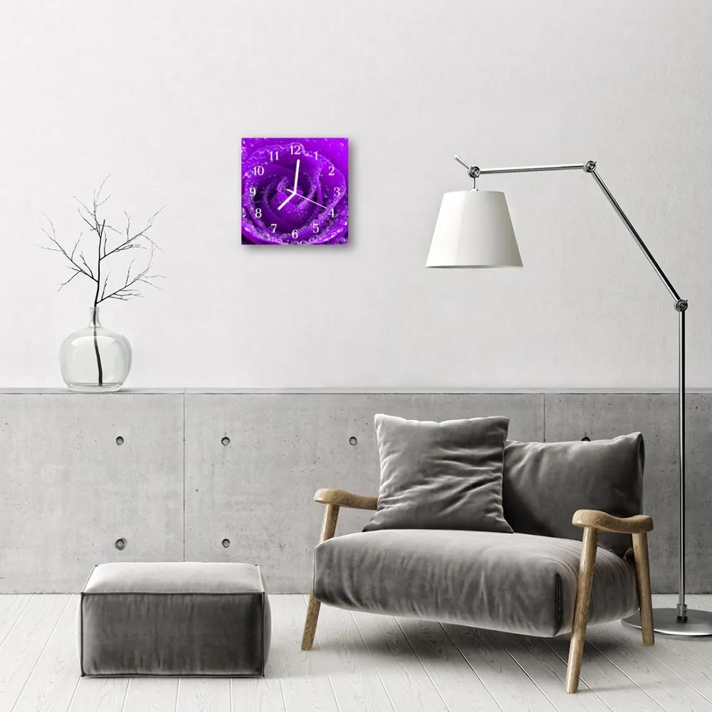 Ceas de perete din sticla pătrat Rose Flori &amp; Plante Purple