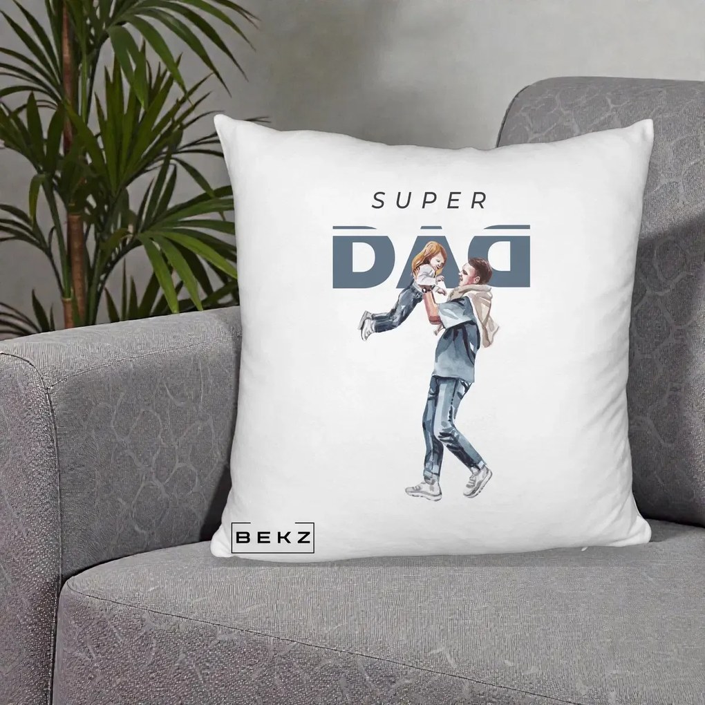 Cadou pentru Tata - Perna Personalizata Super DAD Tata si Fiica, 40x40 cm, Alb Pufos, Husa Detasabila, Perna Inclusa, BEKZ®