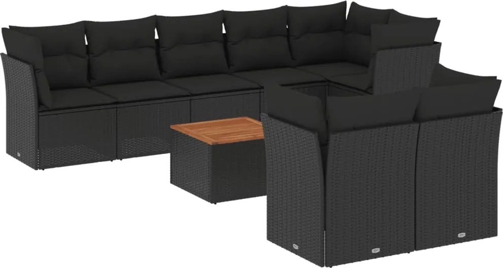 vidaXL Set mobilier de grădină cu perne, 9 piese, negru, poliratan