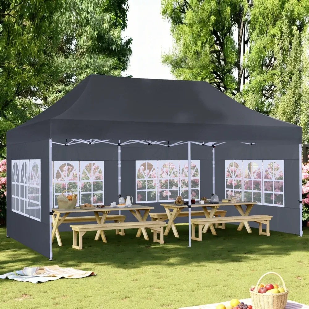 ABCCANOPY – Cort pavilion pliabil 6x3 m, înălțime reglabilă 3 trepte, pereți cu ferestre transparente, impermeabil, Gri,
