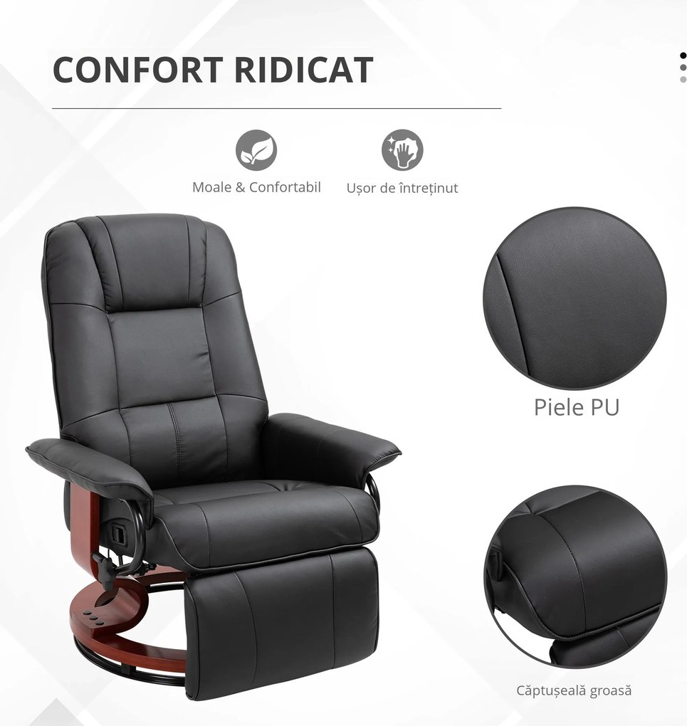 HOMCOM Fotoliu Rabatabil Manual 145° cu Suport pentru Picioare Imitație de Piele Negru | Aosom Romania