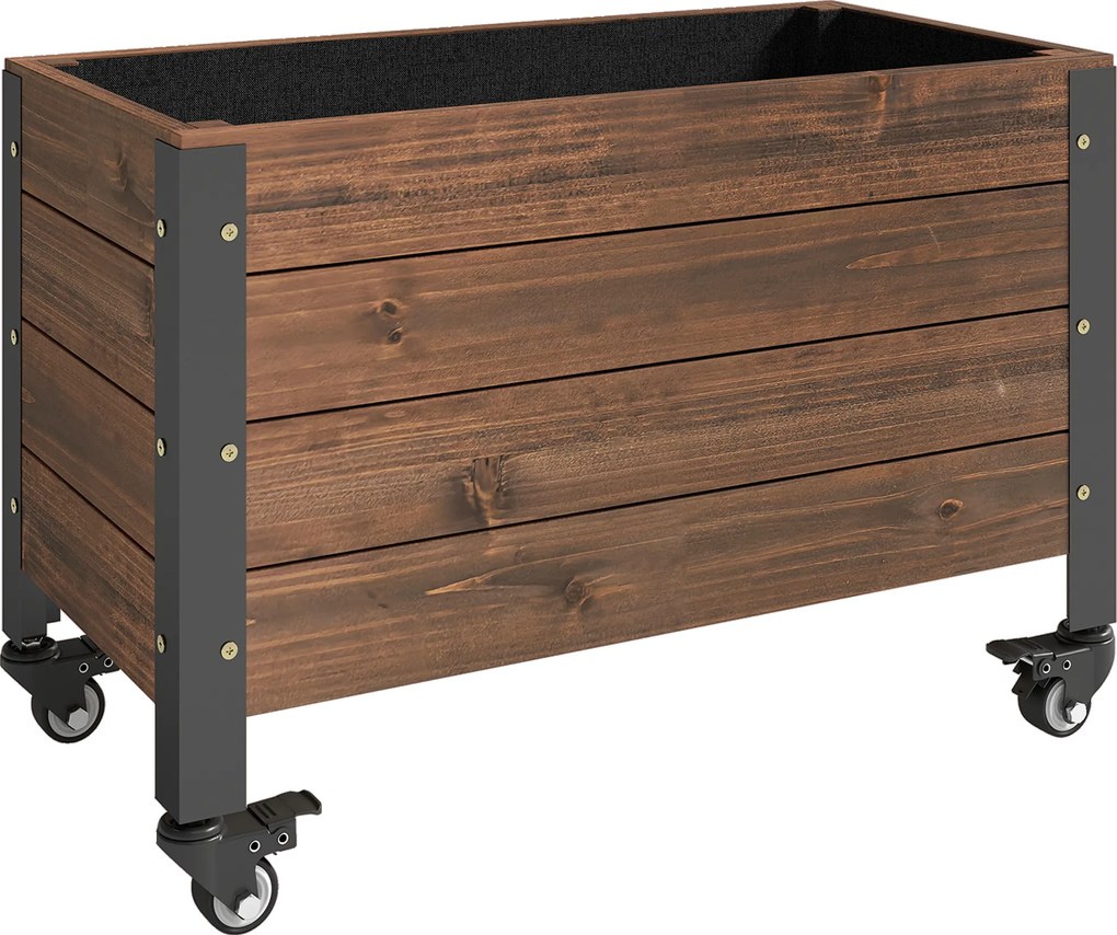 Outsunny Jardinieră înălțată din lemn cu roți, pat de grădină dreptunghiular, 60 x 30 x 41 cm, maro | Aosom Romania