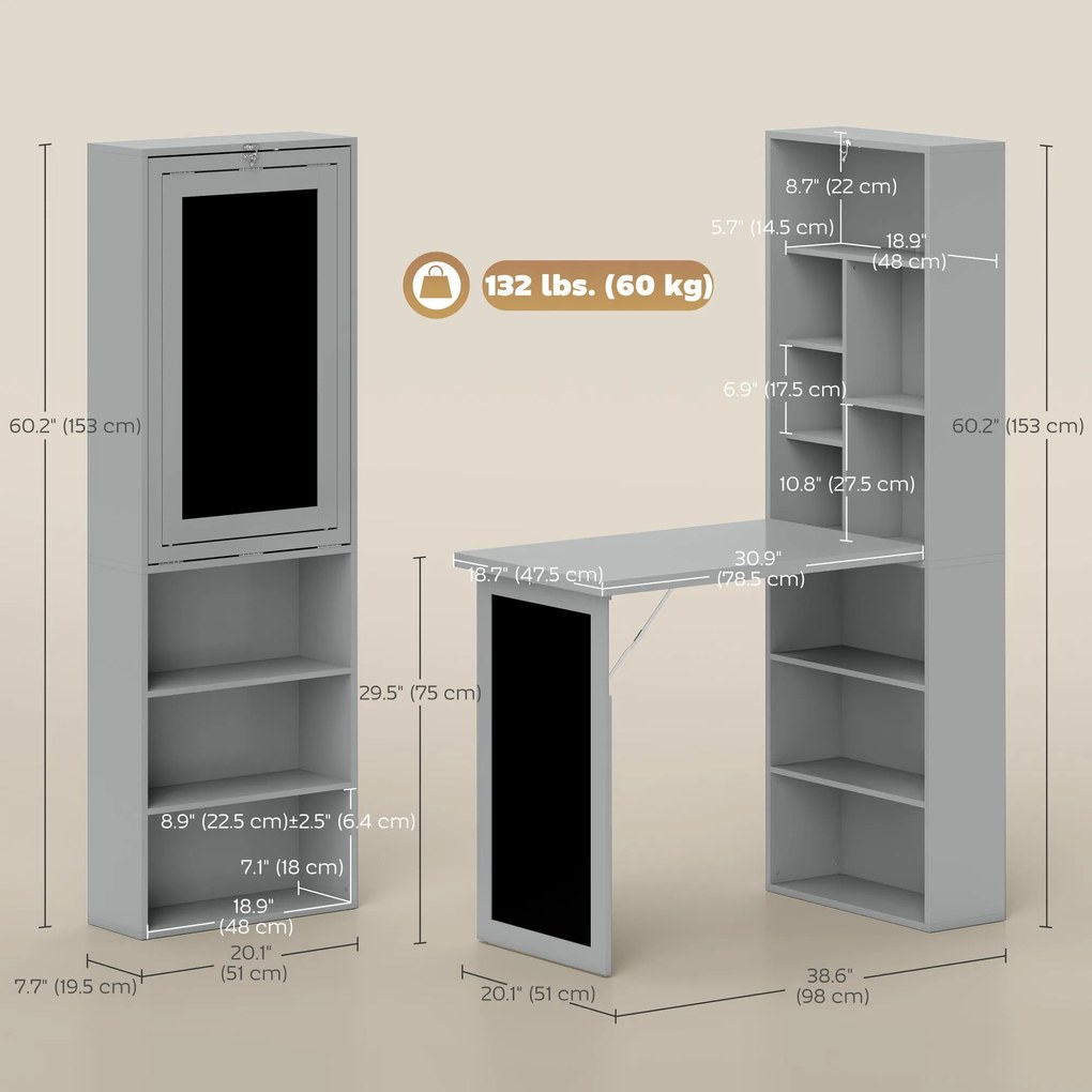HOMCOM Birou Pliabil cu Bibliotecă, Tablă și Masă de Dining Rabatabilă, 98x51x153 cm, Gri închis | Aosom Romania