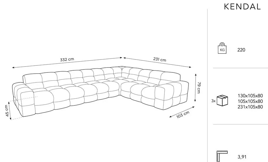 Colțar negru cu tapițerie din catifea (pe partea dreaptă) Kendal – Micadoni Home
