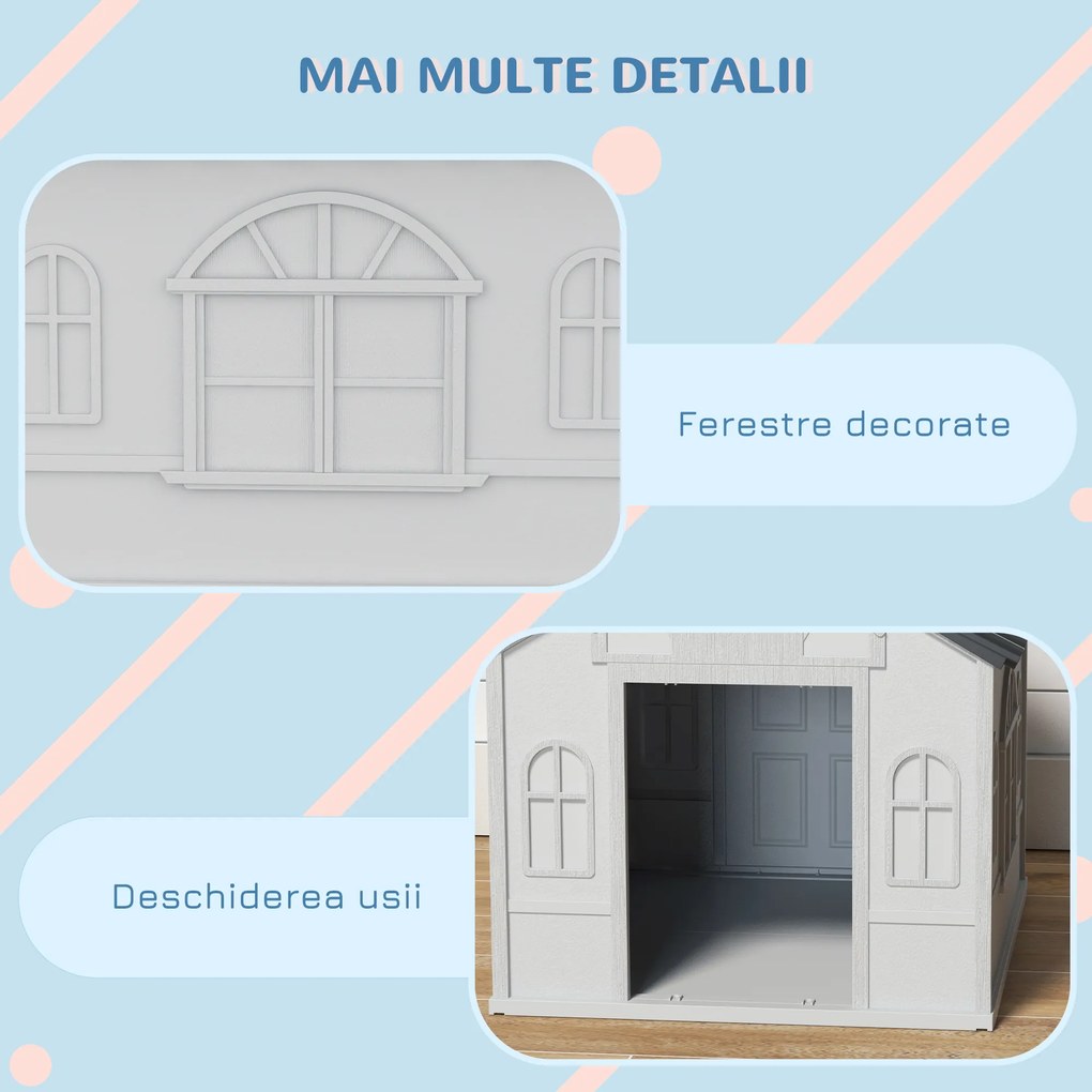 PawHut Cușcă pentru Câini din PP Impermeabil cu Acoperiș Inclinat și Ușă de Intrare, 65x75.7x63 cm, Gri | Aosom Romania