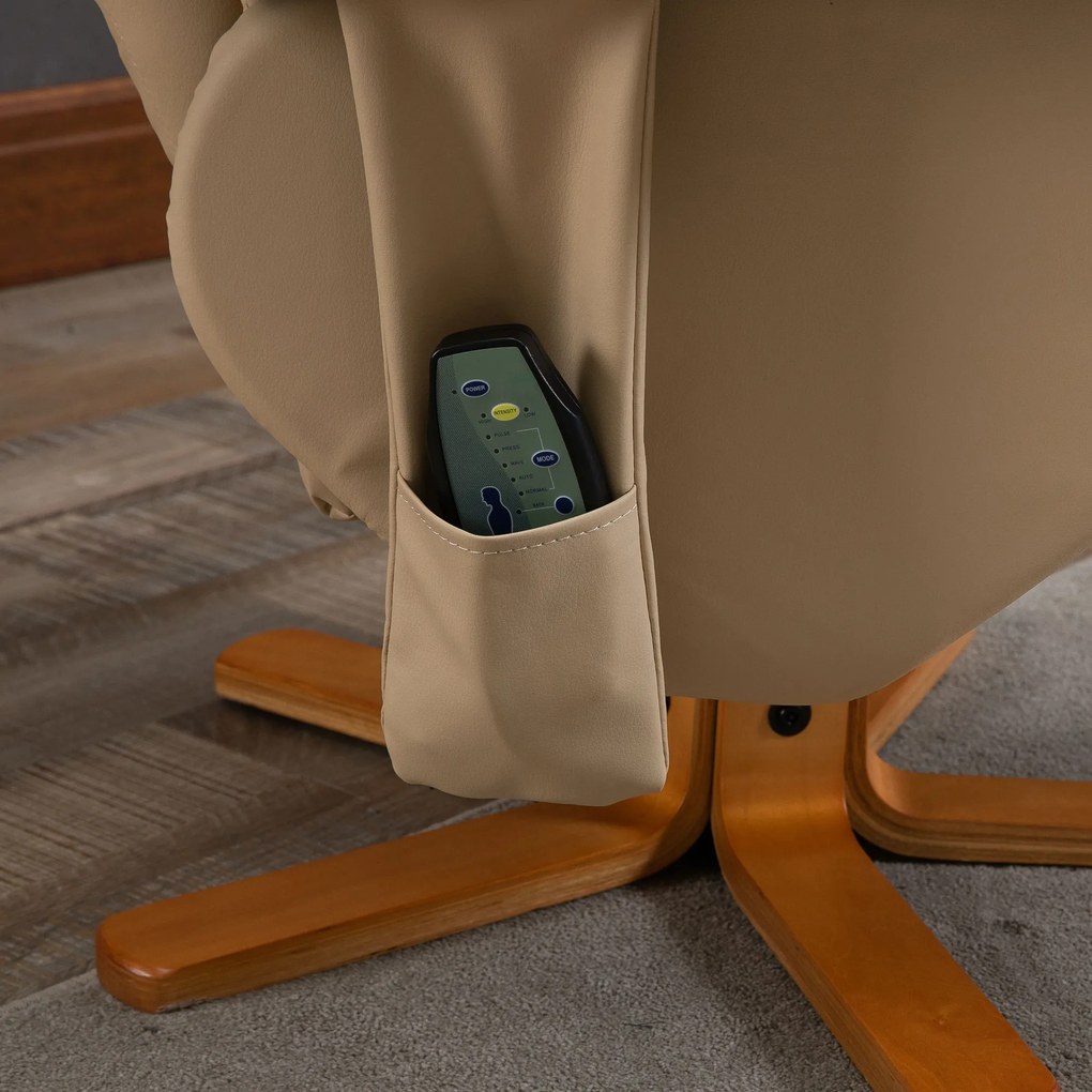 HOMCOM Massagesessel cu Hocker, Scaun de relaxare electric rotativ la 360° cu funcție de întindere și spațiu de depozitare, scaun TV cu buzunar lateral și telecomandă pentru sufragerie, piele ecologică, Crem | Aosom Romania