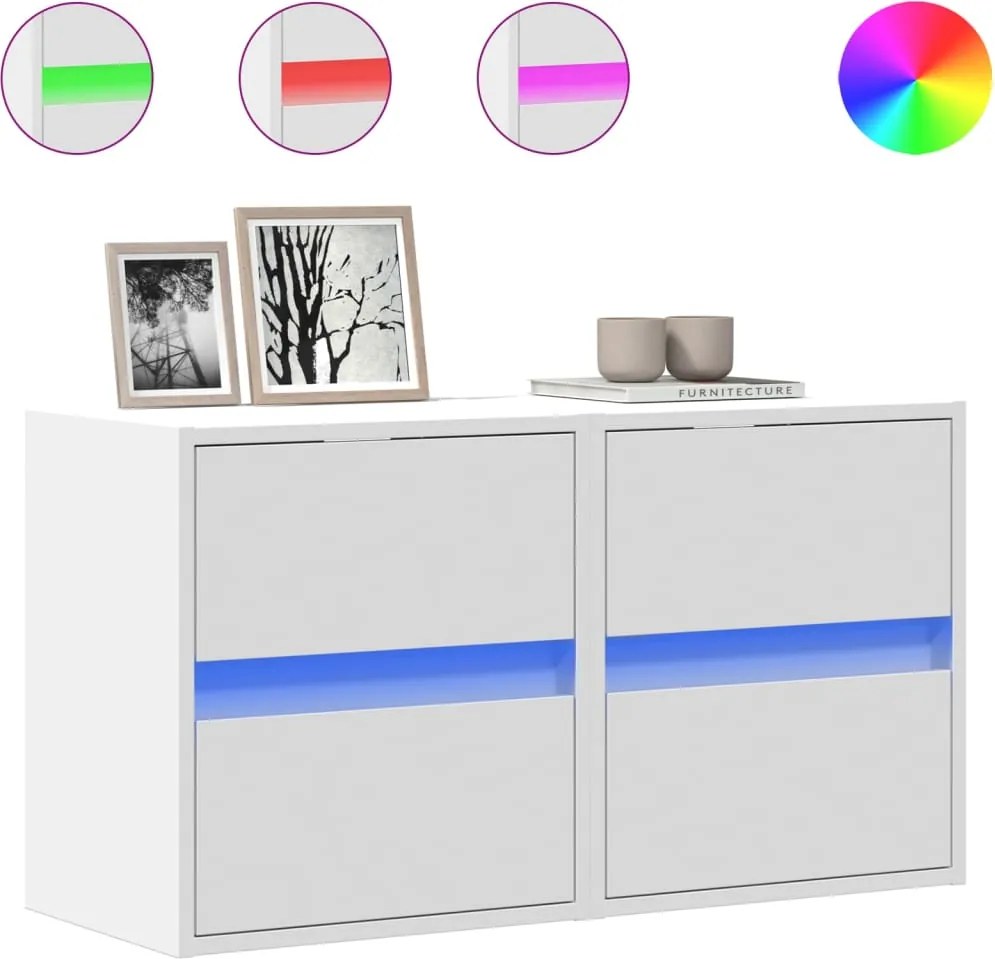 vidaXL Comode TV de perete cu lumini LED, 2 buc., alb, 41x31x45 cm