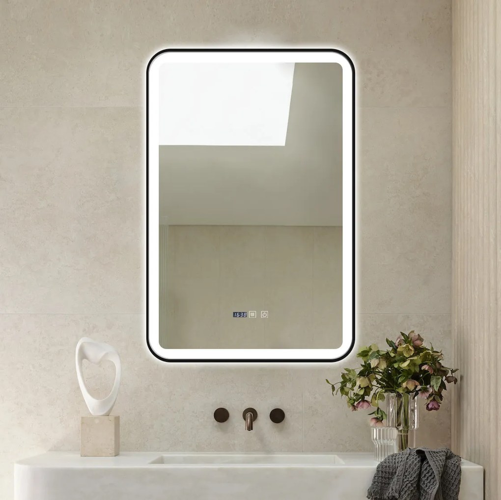 Oglindă Baie LED și Dezaburire Elit's Premium cu Senzor Touch, Lumina Rece, Caldă și Neutră, 60x90cm, cu rama Negru Antichizat, Ceas